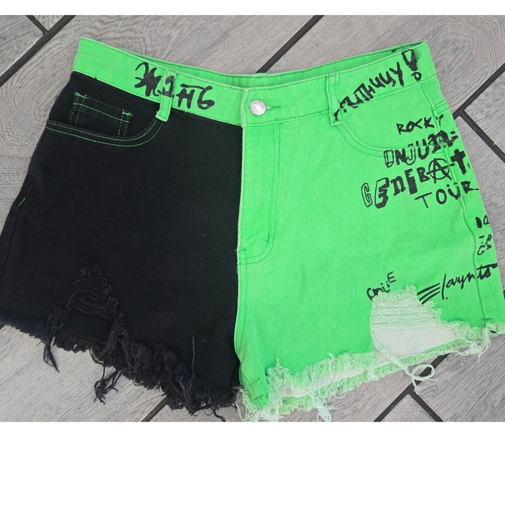SHEIN Women Green Black Split Graffiti Denim Shorts Distressed Punk Rock Size L
